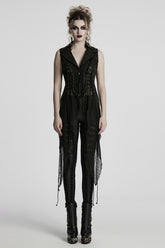 Black V Collar Sleeveless Stitching Lace-Up Irregular Mesh Women's Gothic Long Vest